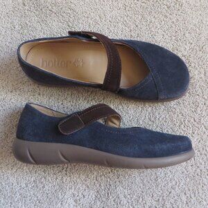 Hotter Wren Womens Mary Jane Shoes Size 6 Nave Blue Suede Brown Strap Velcro
